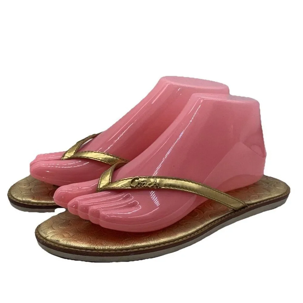 Coach Sandals Flip Flop Thong Women’s Size 8 B Gold Signature Monogram Print